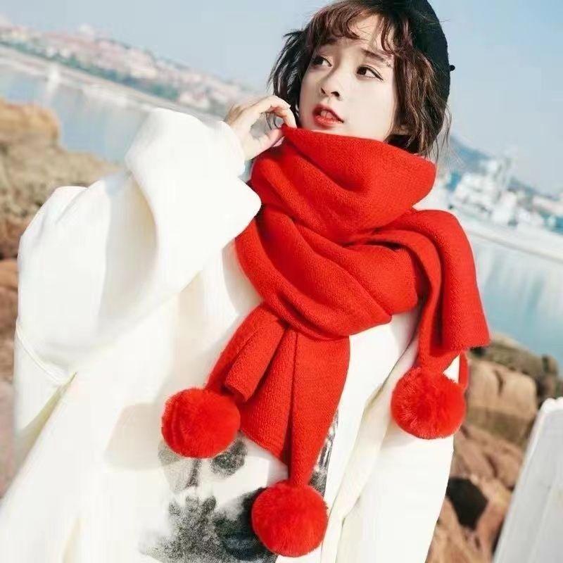 Scarf Winter New Korean Version Baiqiu Winter Solid Color Student White Hanging Ball Knitted Wool Winter Girl Scarf