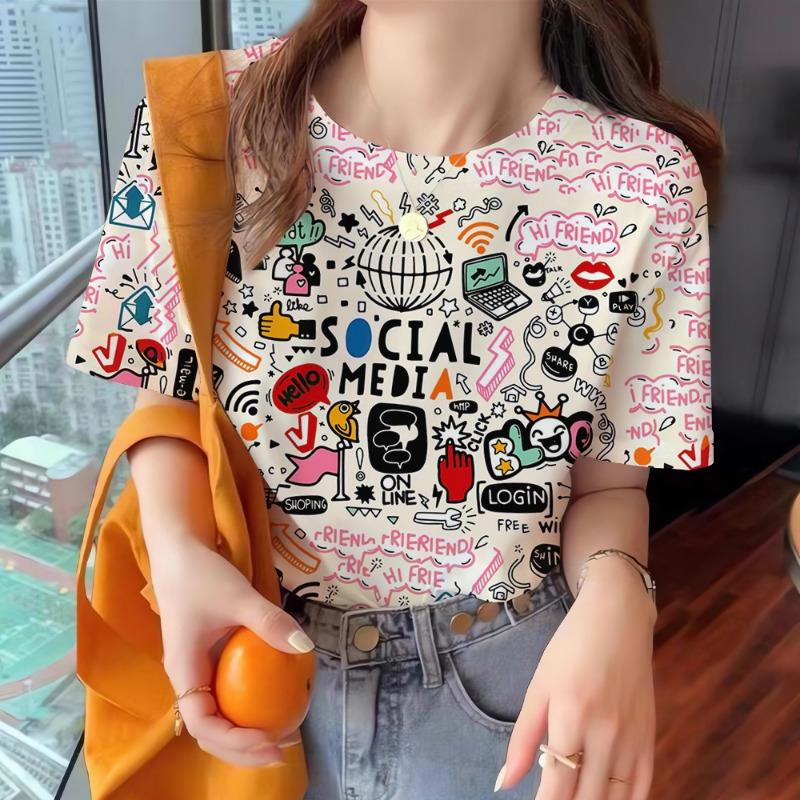 Summer Women's T Shirt Colorful Abstract O-Neck Casual Short Sleeve Tees Female Overszied Clothing Fashion Pullover