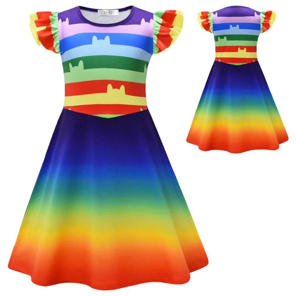 Gabby's Dollhouse Print Flutter Sleeve Girls Cosplay Dress with Matching Bag