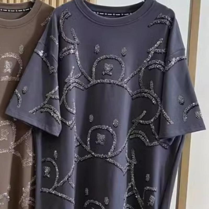 Женская футболка с короткими рукавами и принтом медведя на весну и лето, свободный свитер средней длины с круглым вырезом