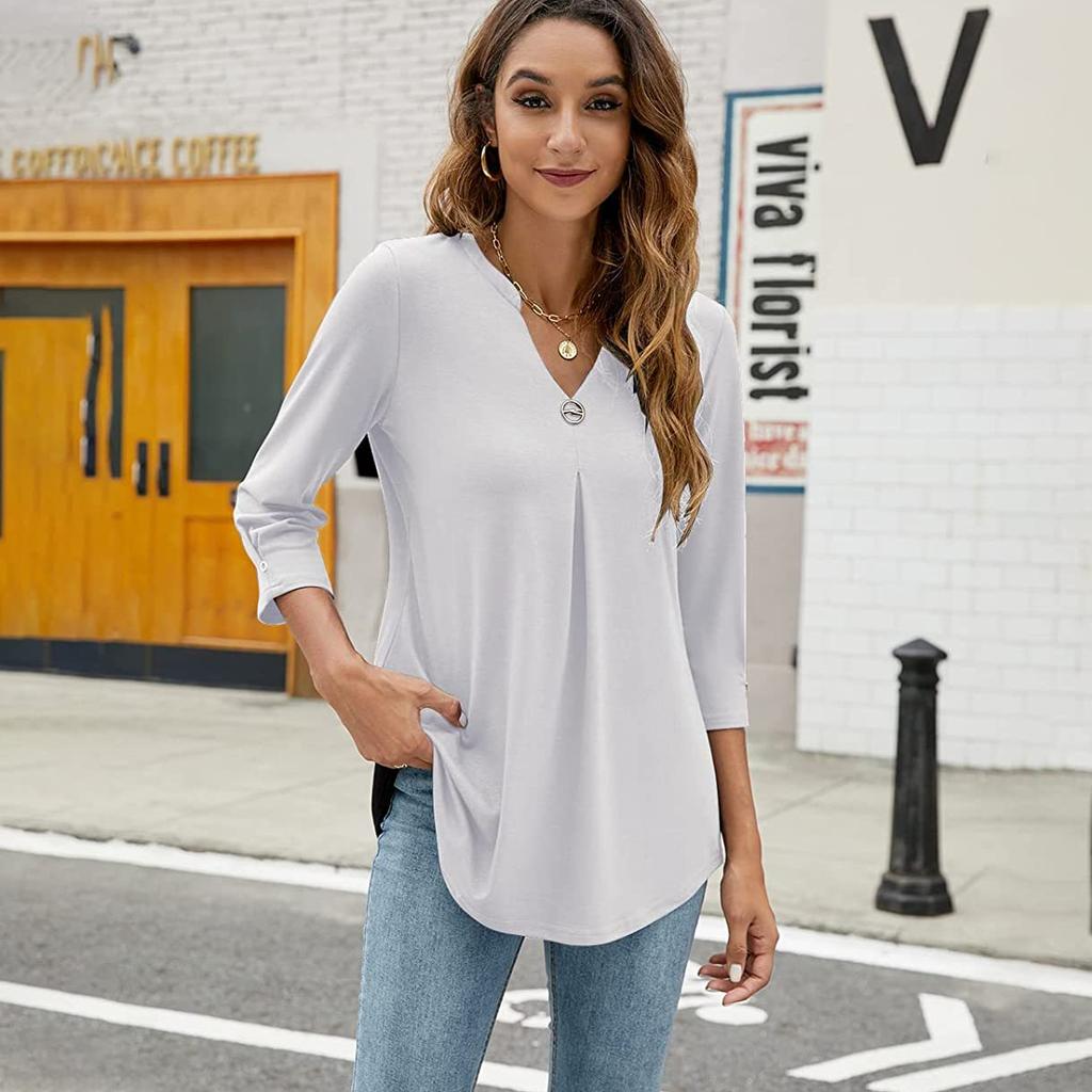 Women's V-Neck Tunic Blouse 3/4 Sleeve Shirts Loose Fit Top with Ring Detail, Casual Dressy Shirt for Work or Daily Wear Blouses Casual Tops S-XXL