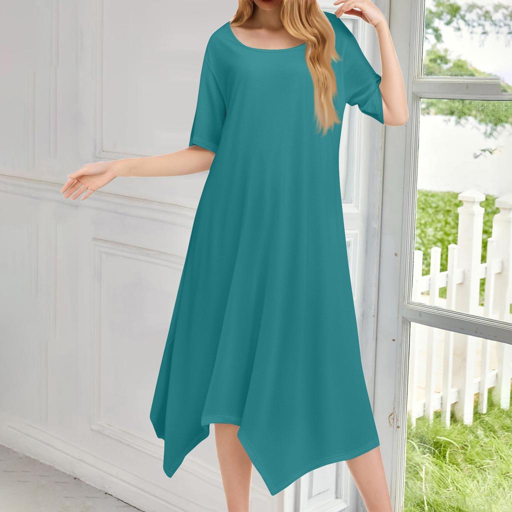 Женское повседневное модное платье миди с круглым вырезом и коротким рукавом, однотонное, с неровным подолом