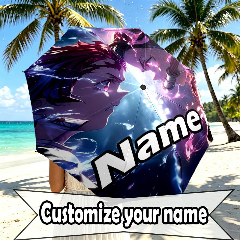 Custom Name Personalized Demon Slayer Print Umbrella, Auto Open Close, 8‑Rib Sturdy Frame, Commute Camping Hiking Use, Birthday Gift