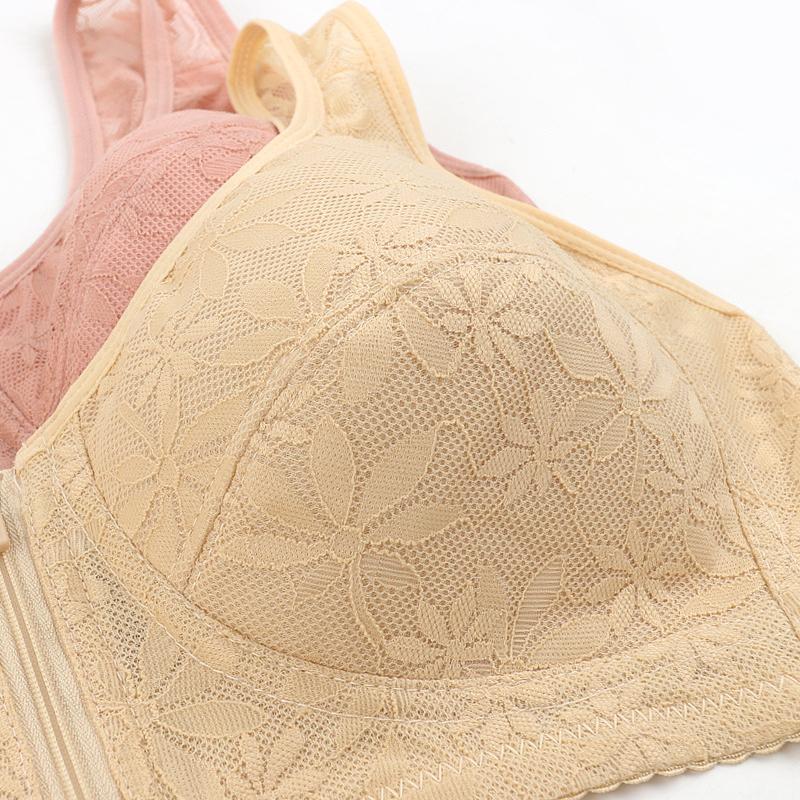 Soft Cotton Thin Cup Front Zipper Middle-aged and Elderly Underwear Ladies Jacquard Non-steel Ring Undershirt Type Large Size Bra