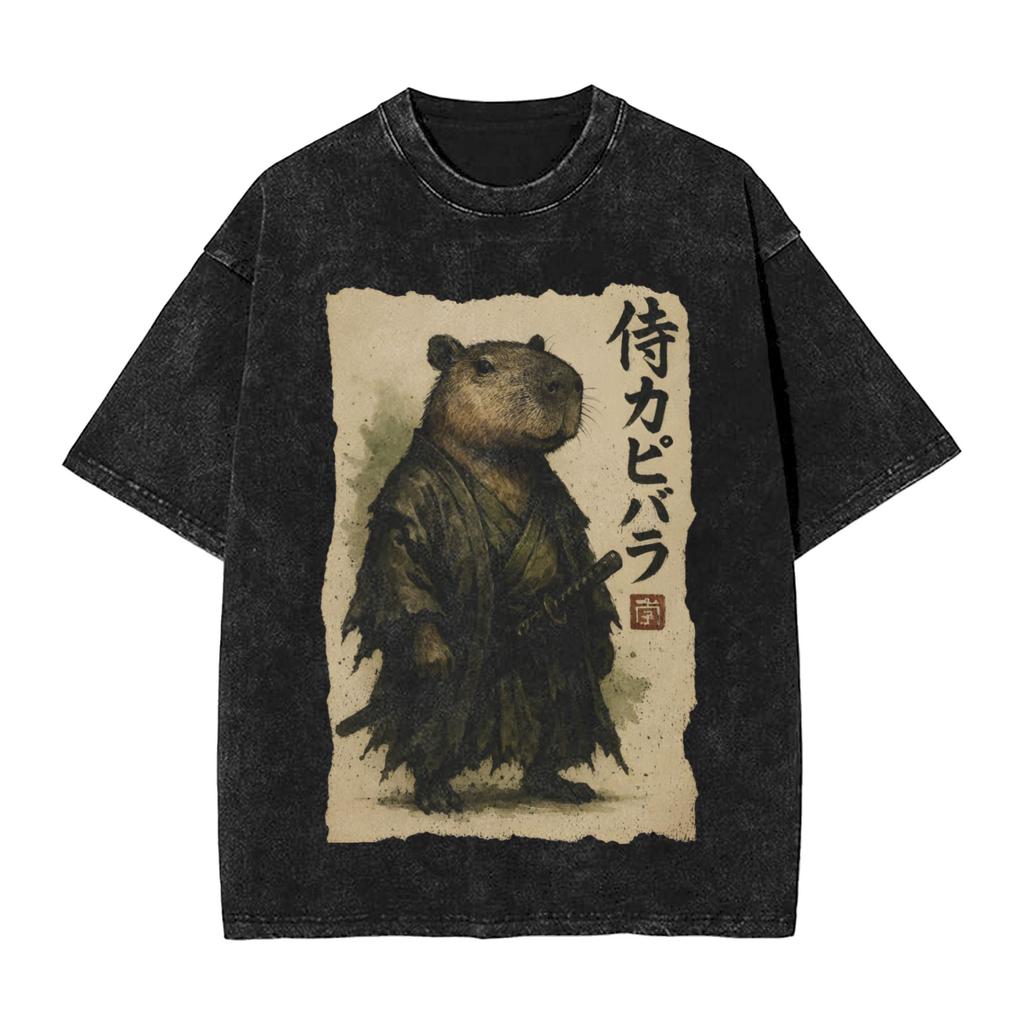 Retro Vintage Japanese Samurai Capybar Washed T Shirts Streetwear Hip Hop Novelty Tshirts Tees Men Women Short Sleeve Harajuku