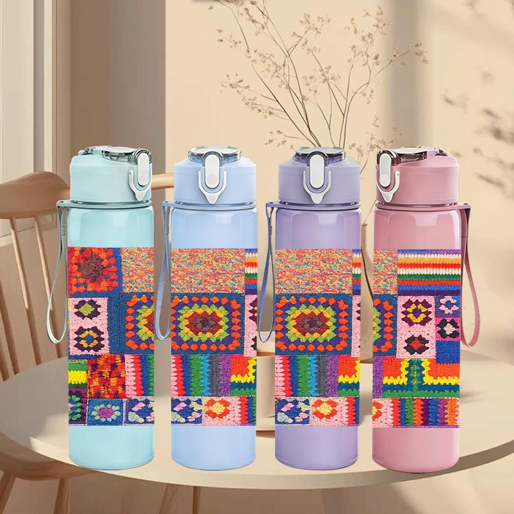 1PC Color Block Patchwork Art Print 750ml Color Plastic Sports Water Bottle Leakproof Flip Straw Lid Suitable for Sports Office Home Use
