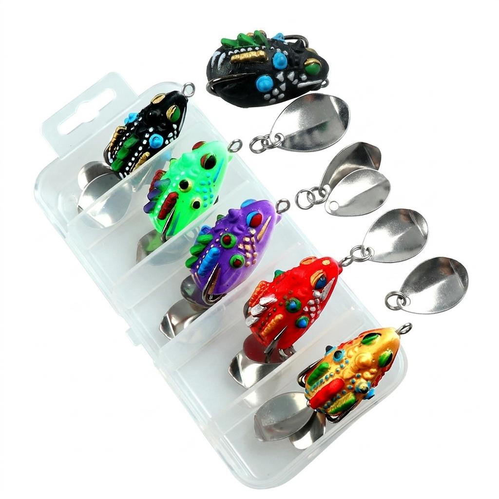 Frog Lure Set with Double Flashing Blades and Reinforced Hooks for Bass Fishing in Freshwater and Saltwater