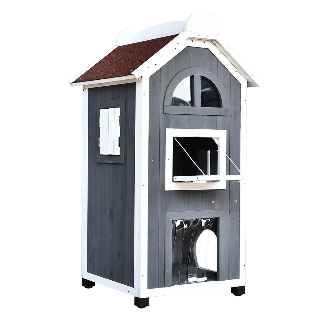Outdoor Cat House 2-Story Cat House Made of Fir Wood, Weatherproof Cat Hut with Asphalt Roof, Gray, 59 x 55 x 109 cm