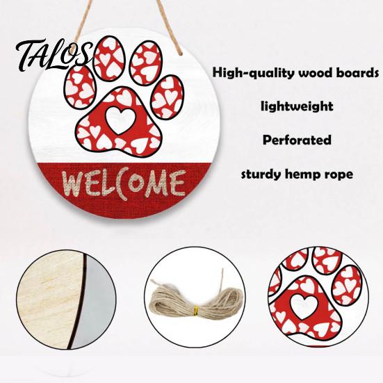 Rustic Door Hanger Wooden Welcome Sign for Front with Cute Pet Paw Prints, Creative Room Decor Hanging Wall Hemp Rope Home Entryway Porch Farmhouse