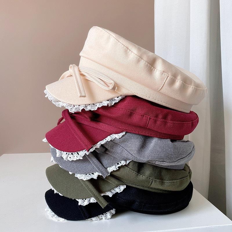 Ins Niche Bow Lace Strap Flat Top Berets Cap Spring and Summer Travel Sweet Universal Sun Protection Retro Newsboy Hats Women