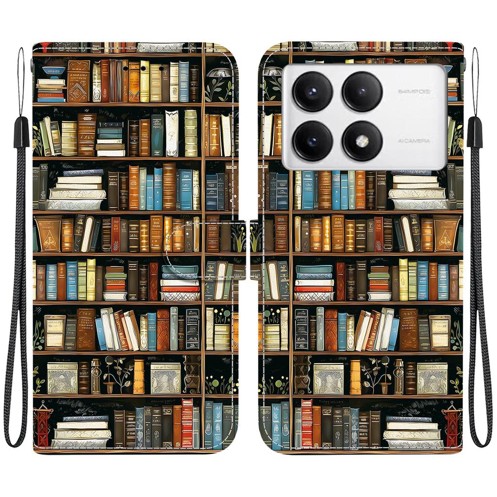 Handmade PU Leather Flip Case for Xiaomi Poco F6 Pro Anti-Slip Shockproof Cover with Wrist Strap & Heart/Rose Cat Designs