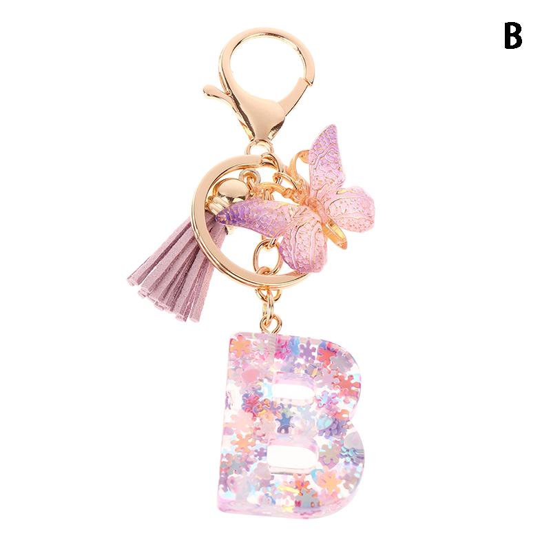 A-Z Dreamy Sequin Letters Keychain For Women Tassel Butterfly Pendant Initial Keyring Purse Suspension Bags Charms Car Key Chain