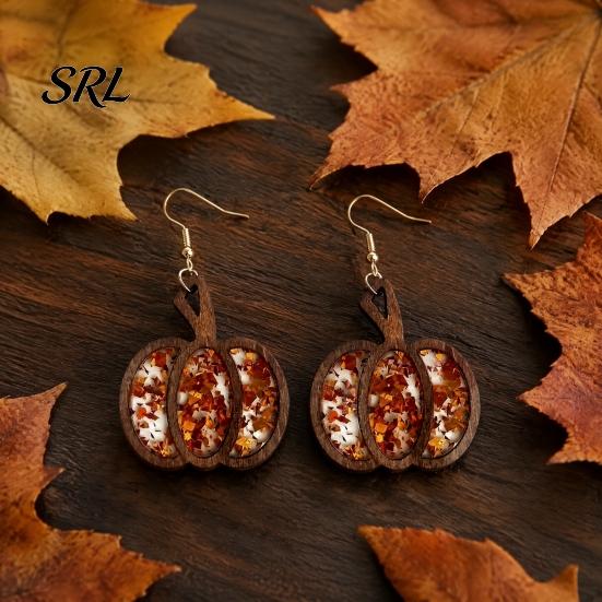 Unique Statement Earrings 1 Pair Fall Thanksgiving Pumpkin for Women, Wooden Gift Her Shaped Dangle Drop Earrings, Autumn Halloween Jewelry Festive