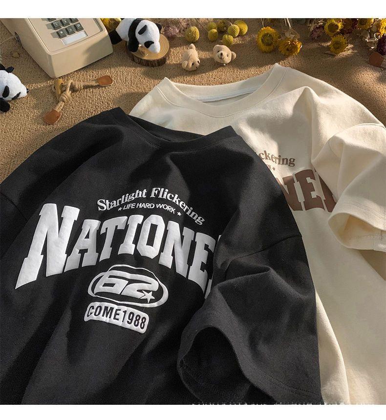 Women's Summer Retro Letter Print Loose Anti-Wrinkle Short-Sleeve T-Shirt