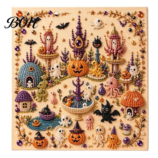 Fall Holiday Decoration Halloween Faux Pearl Art DIY Kit, 3D Bead Embroidery Craft Set, Spooky Handmade Ghost Pumpkin Goat Witch Wall Art, Seasonal