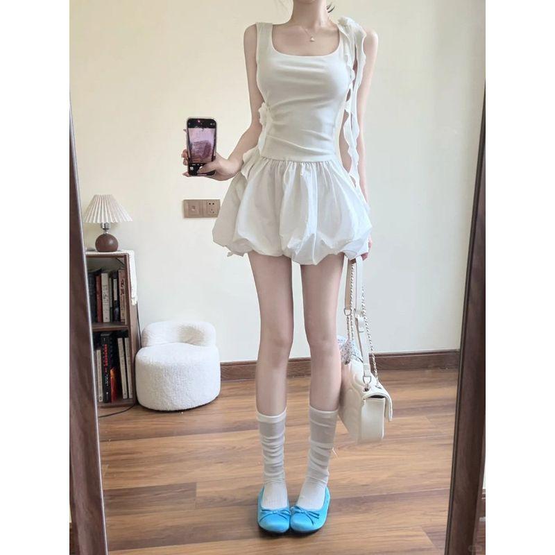 White Puffy Bud Short Culottes Women's Summer Thin High Waist A- line Wide Leg Pants Slim Looking Small Quick-Drying Bloomers