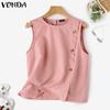 Женская летняя повседневная майка без рукавов с круглым вырезом и пуговицами, сплошной цвет