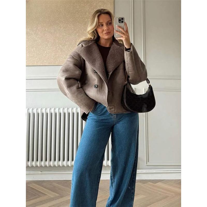 Women Casual Lapel Thick Faux Leather Jackets Vintage Single-breasted Warm Wool Blends Coats Female Winter High Street Outwears