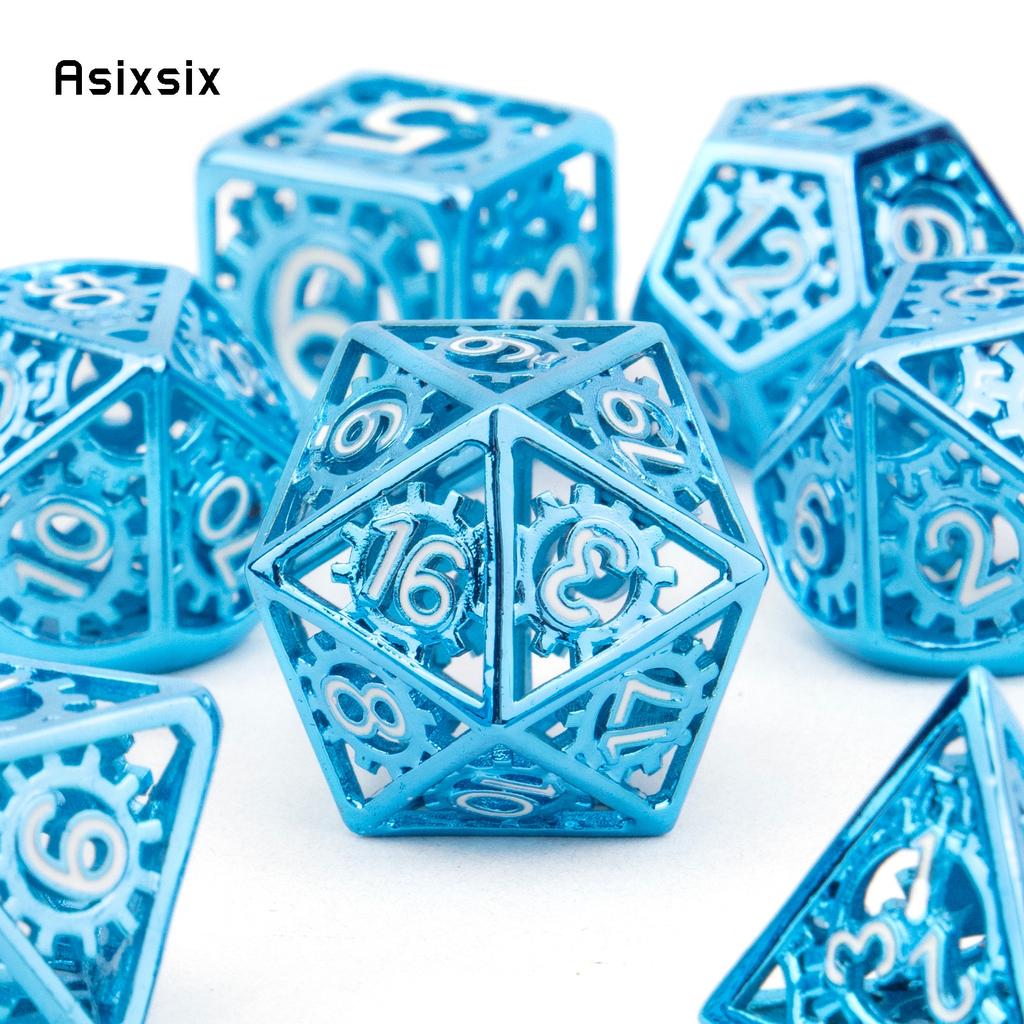 7 Pcs Blue White Gear Wheel Metal Dice Hollow Metal Polyhedral Dice Set Suitable for Role-Playing RPG Board Game Card Game