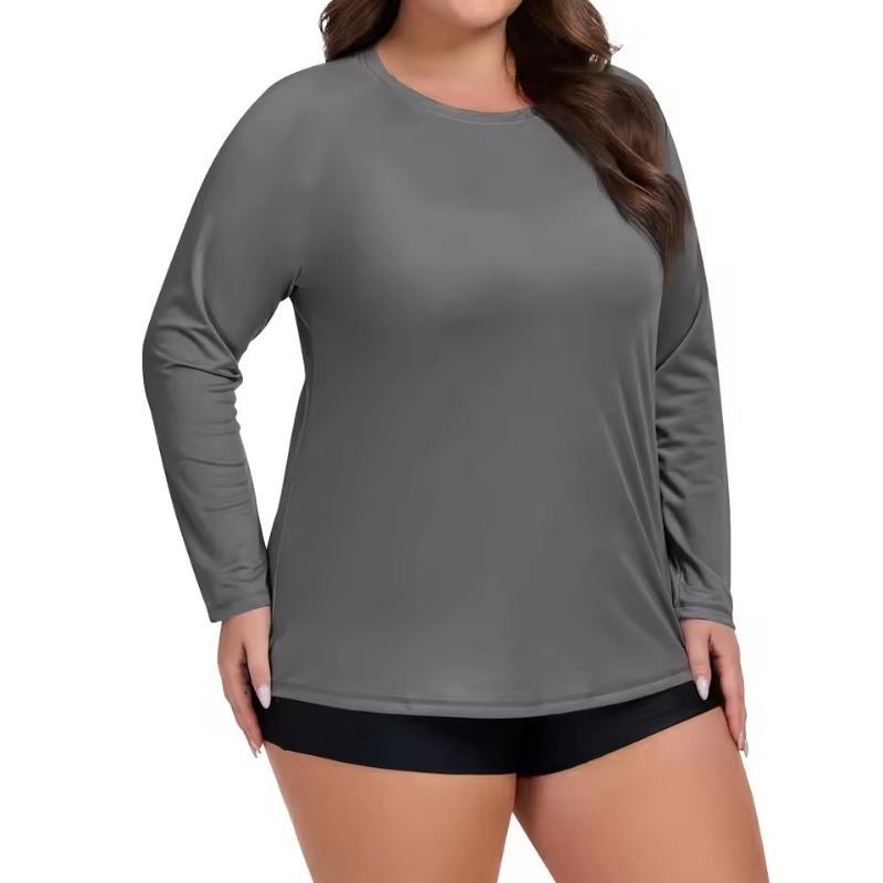 Plus Size Sport Sunscreen Top Women Summer Sunscreen Quick-drying Long-sleeved 3D T-shirt Round Neck Solid Color Breathable Tee