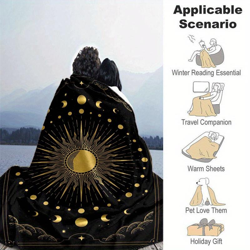 1pc Sun Stars Moon Printing Lightweight Flannel Blanket, Comfortable and Warm Blanket, for Camping Sofa Bed and Couch Office, Gift