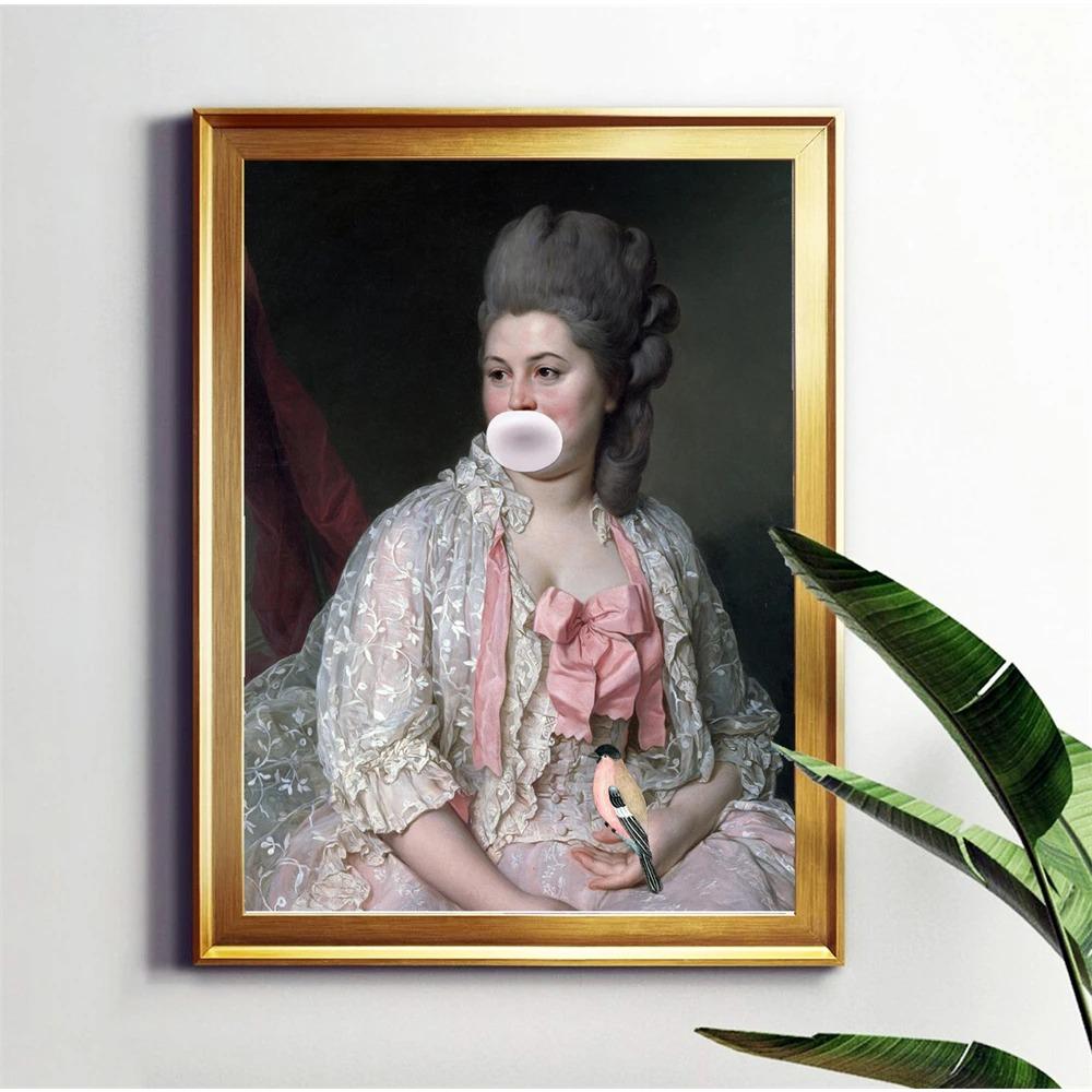 Fuuny Bubblegum Woman Portrait Prints Quirky Feminist Print Canvas Painting Altered Renaissance Portrait Art Canvas Painting