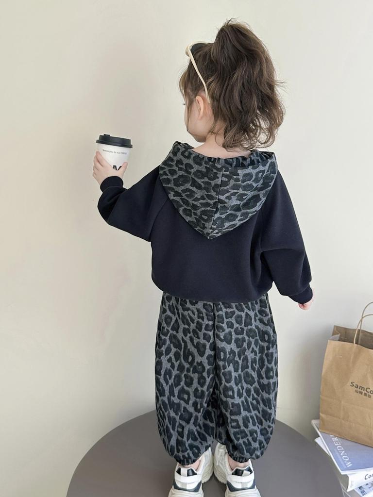 Girls' Korean-Style Leopard Print Hooded Sweatshirt and Pants Set - 2025 Spring/Autumn Fashion
