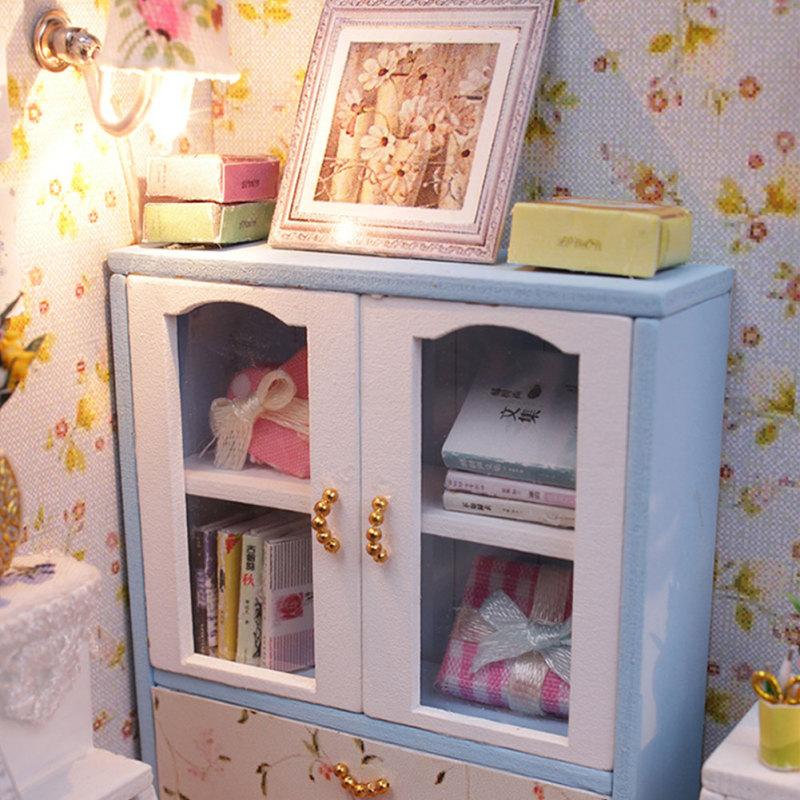 Dollhouse Miniature DIY House Kit Wood Cute Room with LED Furniture and Cover Girl Gift Toy, Summer