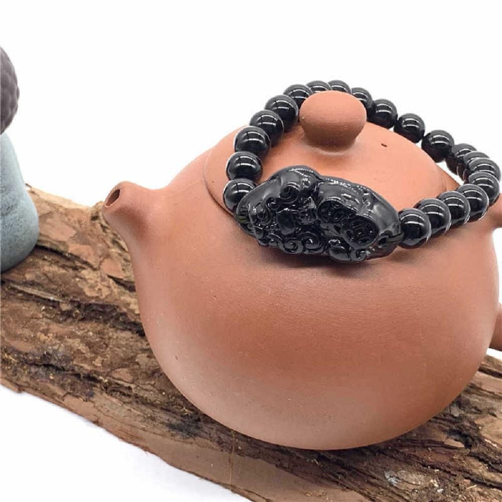 Новый Пи Сю Привлекает Богатство Фэн-шуй Женский Браслет Обсидиан Камень Бусины Браслеты-манжеты на Удачу