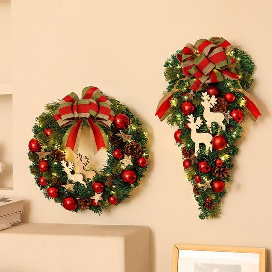 Christmas Wreath for Front Door Artificial Green Pine Needles Teardrop Swag Christmas Garland Decoration with Balls Bows Holiday Decor