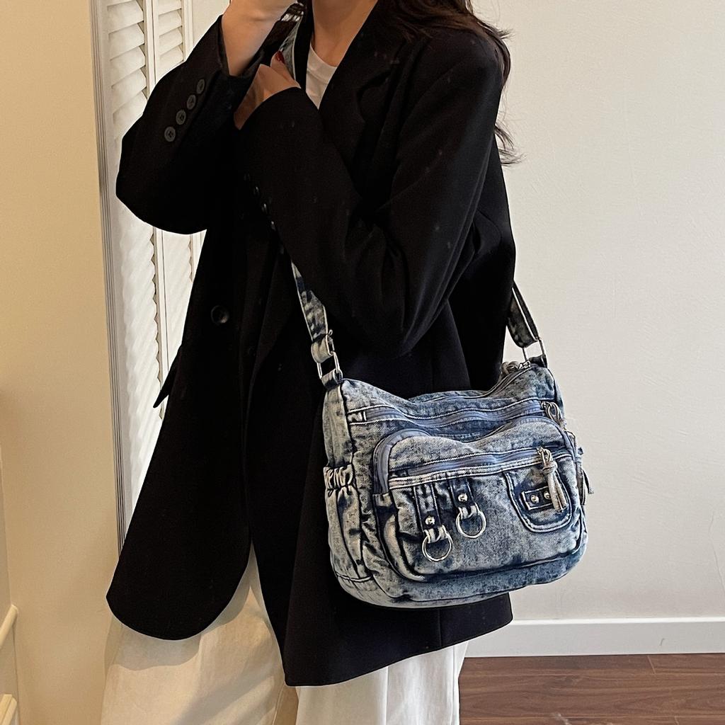 Vintage washed denim bag multi-pocket commuter practical shoulder messenger bag tote bag 2025 new bag