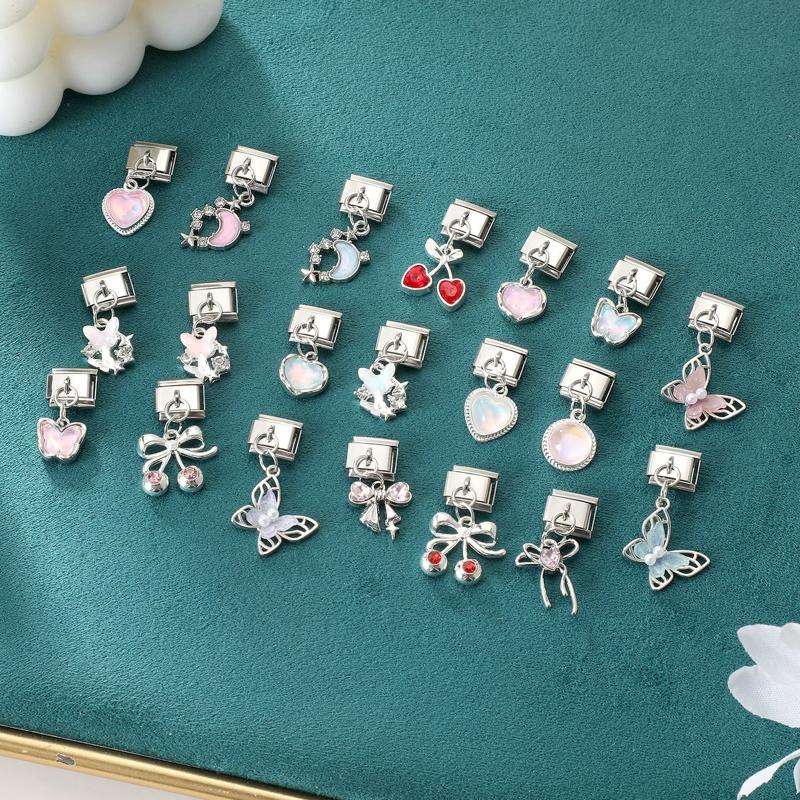 Crystal Moon Butterfly Rose Star Bow Cats Pendant Italian Charm Link Fit 9mm Stainless Steel Bracelet Women Jewelry DIY Making