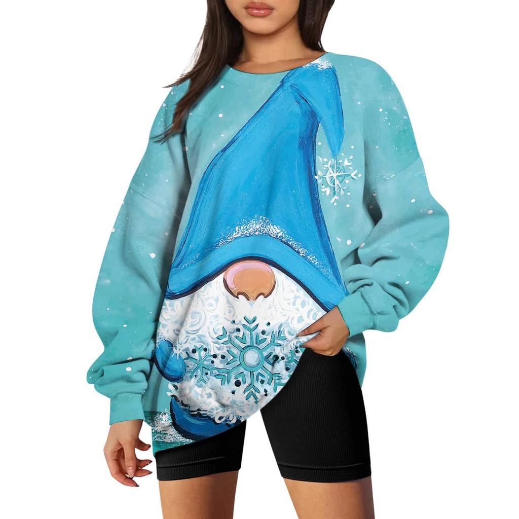 Женский повседневный модный рождественский принт с длинным рукавом и круглым вырезом, пуловер, топ