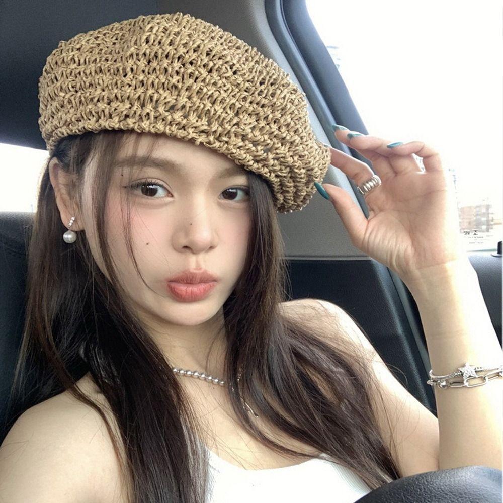 Summer Weave Cap Handmade Painter Hat Fashion Straw Beret Women