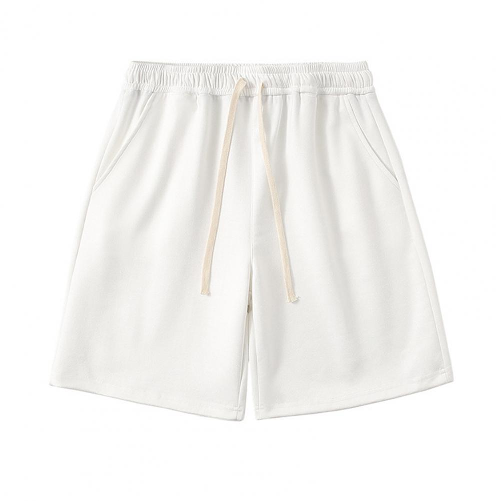 Men Summer Athletic Shorts Mid-rise Elastic Drawstring Waist Shorts Pockets Wide Leg Running Solid Color Suede Shorts