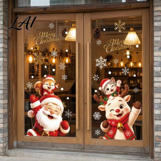 Holiday Glass Decals 2Pcs Christmas Window Clings Santa Claus Elk Static Decals Festive Shop Supplies Removable Cute Cartoon Stickers for Home Doors