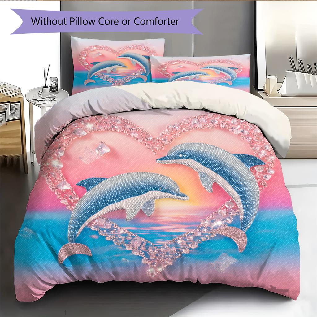 Мультяшная цветная дельфиновая постельное белье Домашний декор Подарок на день рождения (1 пододеяльник + 2 наволочки, без наполнителя)