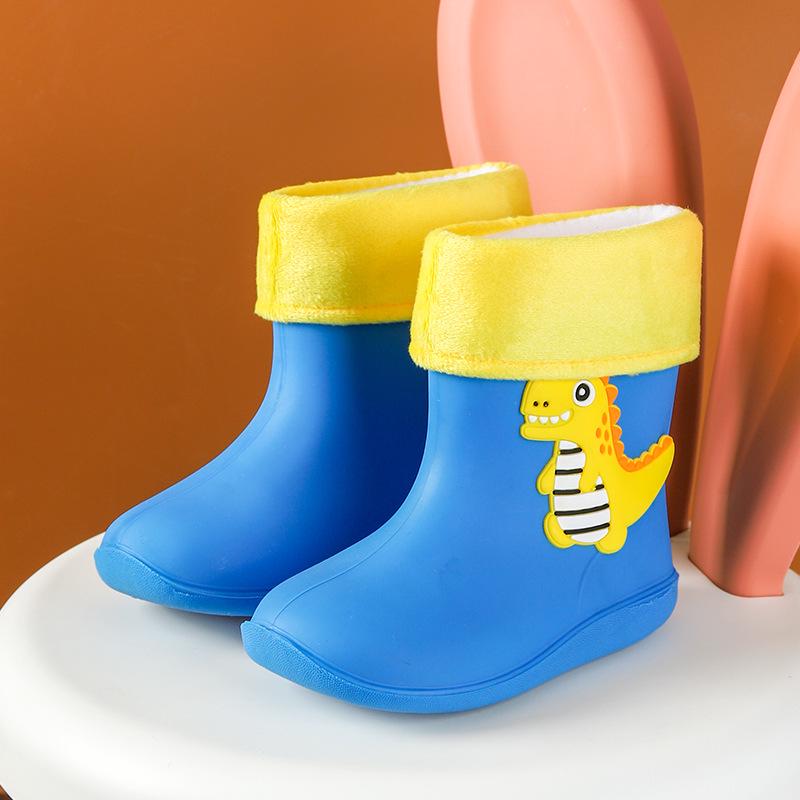 Детские непромокаемые сапоги с мультяшным динозавром, со шнурком, на хлопковой подкладке, для мальчиков и девочек, идеально подходят для детского сада.