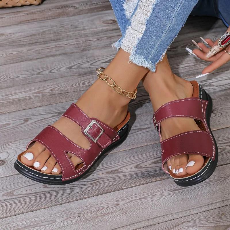 Мода 2024 Горячая Распродажа Обувь Женская С Открытым Носком Женские Шлепанцы Лето Римская Пряжка Однотонные Уличные Повседневные Пляжные На Платформе Большие Размеры Шлепанцы