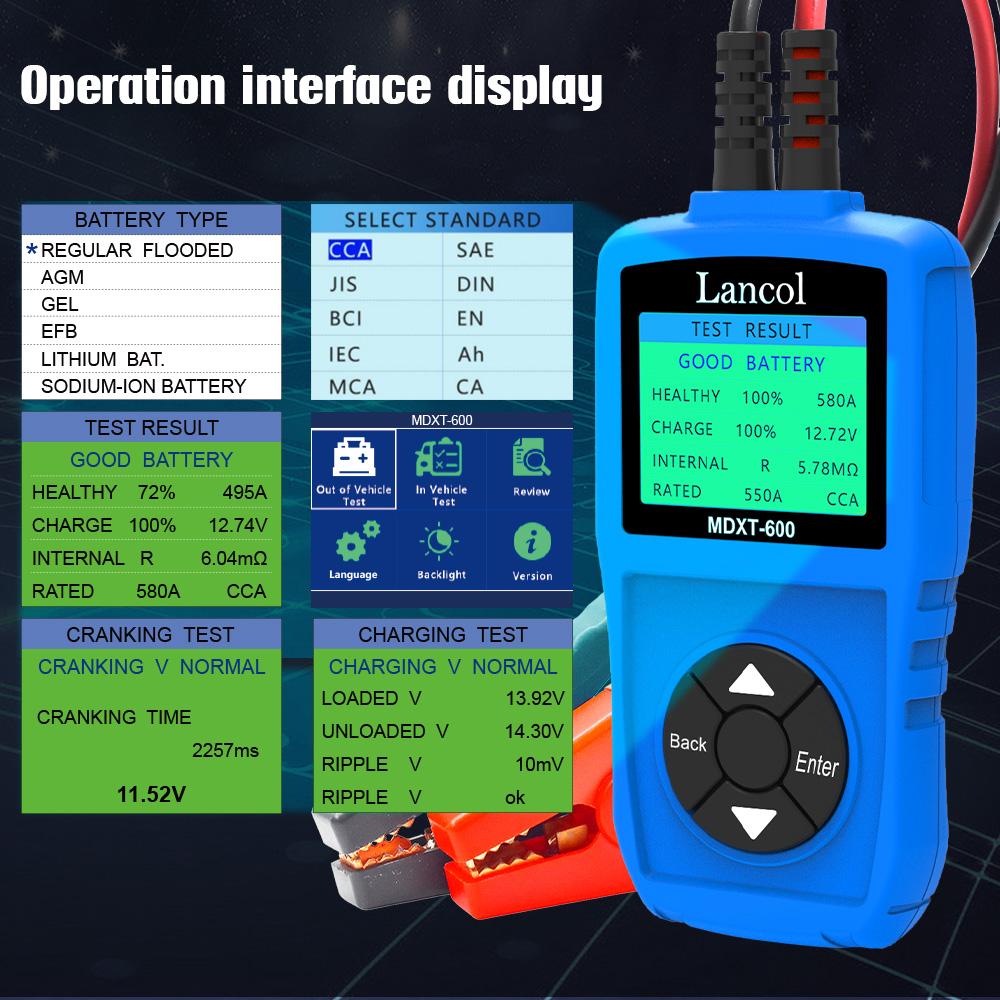 Lancol MDXT600 Car Battery Tester 12V Load Testers with Colorful LCD Screen 40-2000 CCA  Alternator Charging & Cranking System