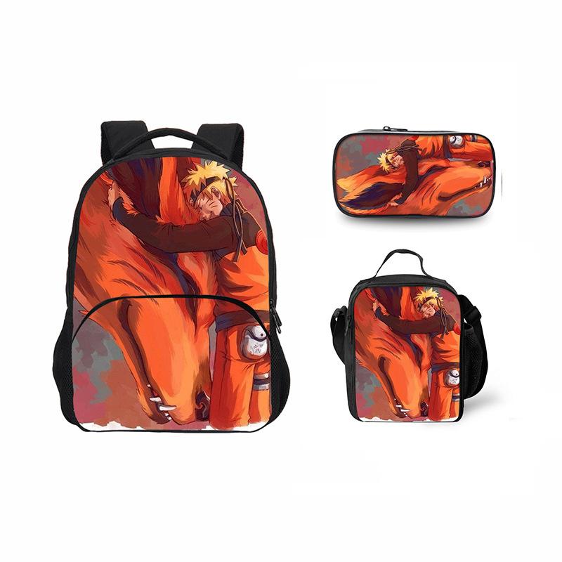 Printed Naruto three-piece set Children's school bag Meal bag Pencil bag Male and female students Backpack