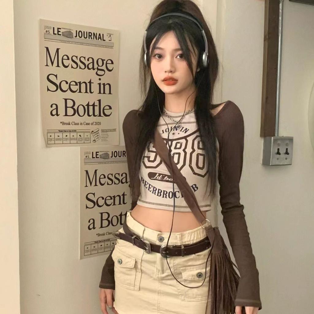 Y2k T-shirt Streetwear Vintage Korean Style Crop Top Women T-shirt Sexy Retro Letter Printed T Shirts Off Shoulder Aesthetic Clothes