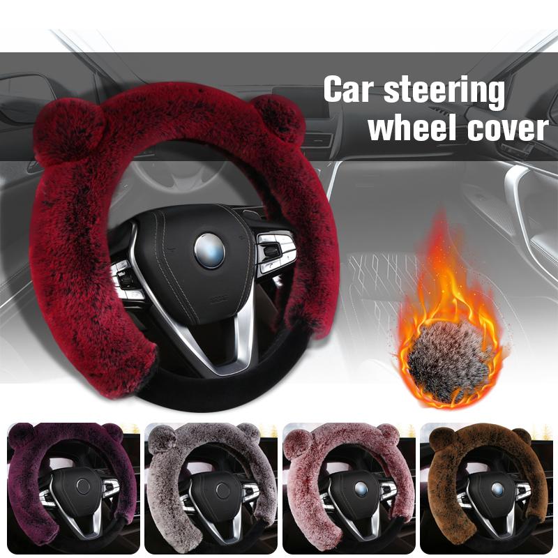 Universal Steering Wheel Cover Cartoon Cute Ear Shape Soft Faux Rabbit Fur Plush Winter Car Interior Styling for Women