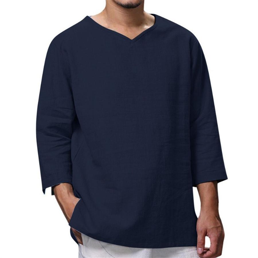 Мужская рубашка свободного кроя из хлопка и льна с длинным рукавом и v-образным вырезом