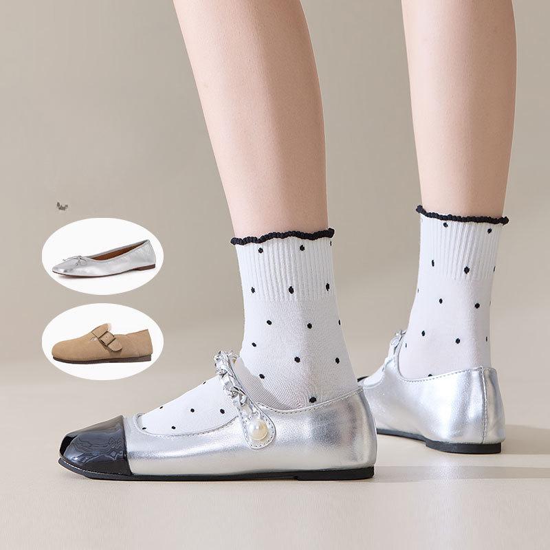 Черные носки с кружевом из древесного гриба для женщин, стиль весна и осень, махровые носки, хлопковые носки, летние носки в горошек с отворотом, бесшовные носки до середины икры