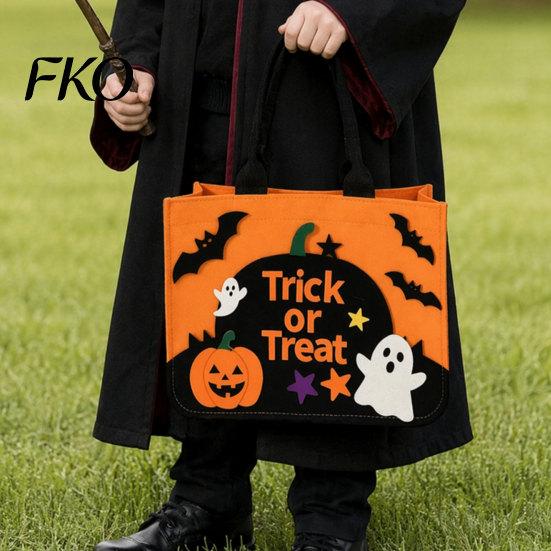 Halloween Photo Prop Bag Trick or Treat Bag, Felt Goodie with Pumpkin Ghost Patches, Or Candy Holder Large Tote for Kids, Party Favor,