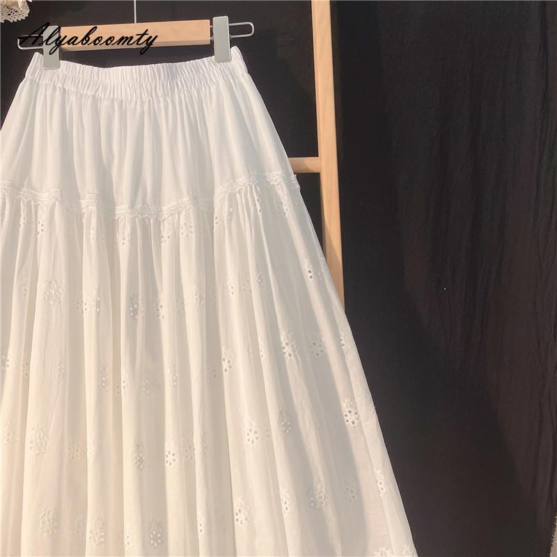 Японский стиль Mori Girl весна-лето женская белая юбка миди с высокой талией элегантная женственная женская юбка вышитые ажурные хлопковые юбки