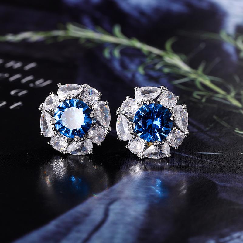 Jewelry Copper Bottom Gold-Plated Simulation Blue Spinel Round Temperament Light Luxury Suit Women 12-7Mm