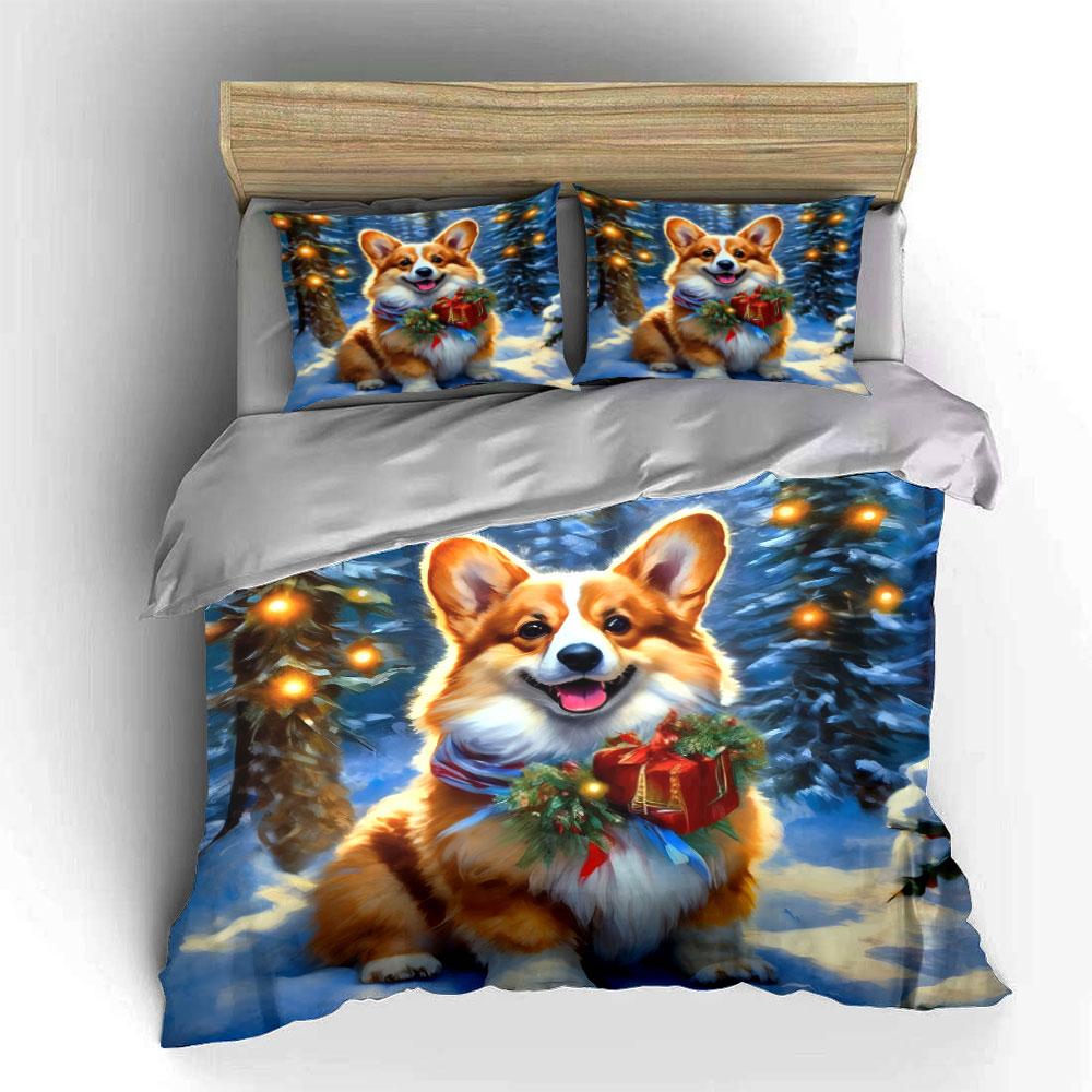 Festive Corgi in Snow Scene Bedding Duvet Cover Set (1*Duvet Cover 2*Pillowcases, without duvet insert)