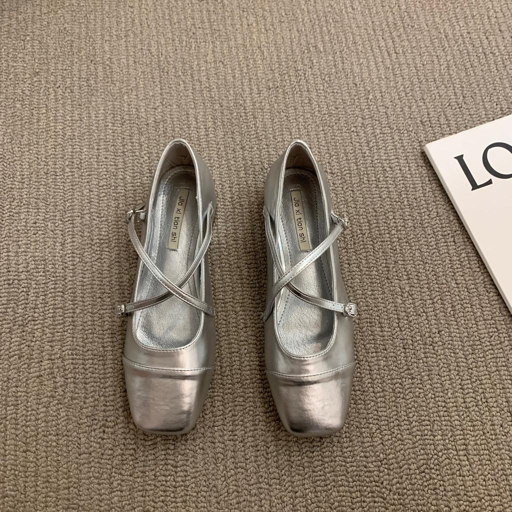 Coarse Heel Crossed Silver Mary Jane Square Head Single Shoes Women's Shoes 2025 New Spring Evening Gentle Flat Shoes